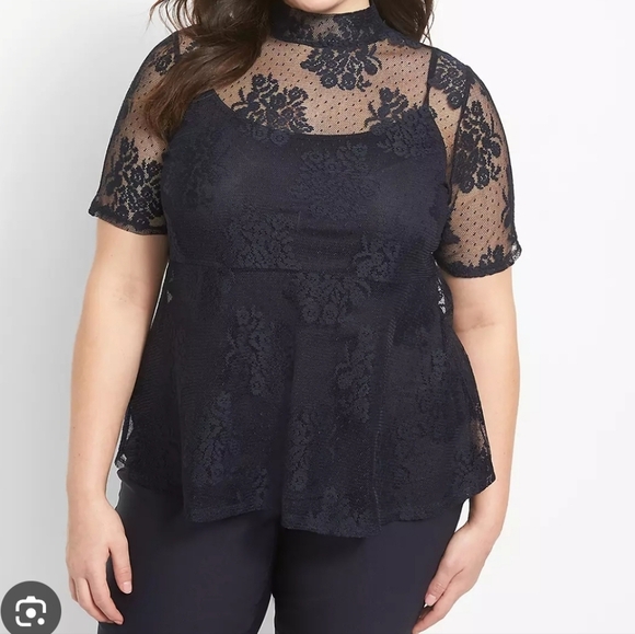 Lane Bryant Cutwork lace short sleeve mock neck sheer top 14/16 - Picture 1 of 9